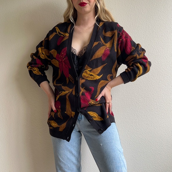 Vintage 1990s Black Cotton Cardigan With Red Florals (M/L) - Picture 1 of 10